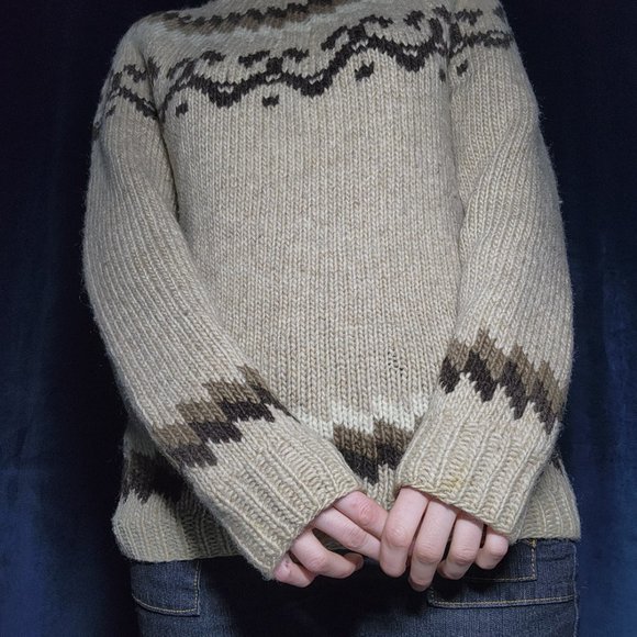 Vintage 90s neutral brown & cream turtleneck isle print chunky knit sweater - Picture 3 of 11